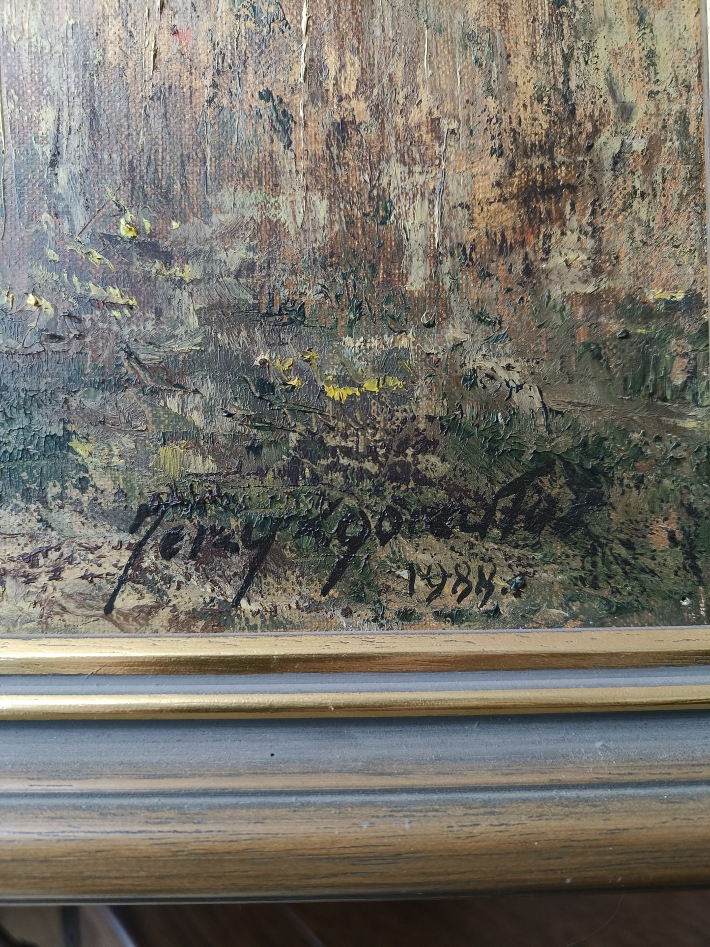 Obraz J. Zgorzałek "Wiejski pejzaż ze stogami i wiatrakiem" 1988 r.