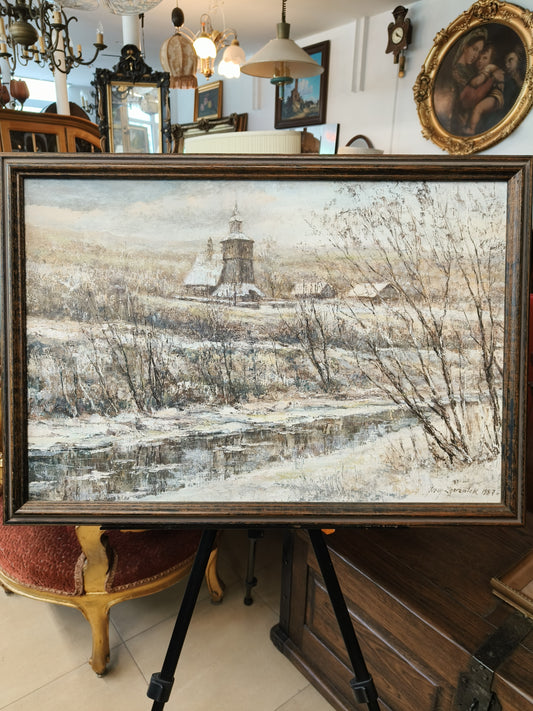 Obraz J. Zgorzałek "Pejzaż z Podgórza w zimie" 1987 r.