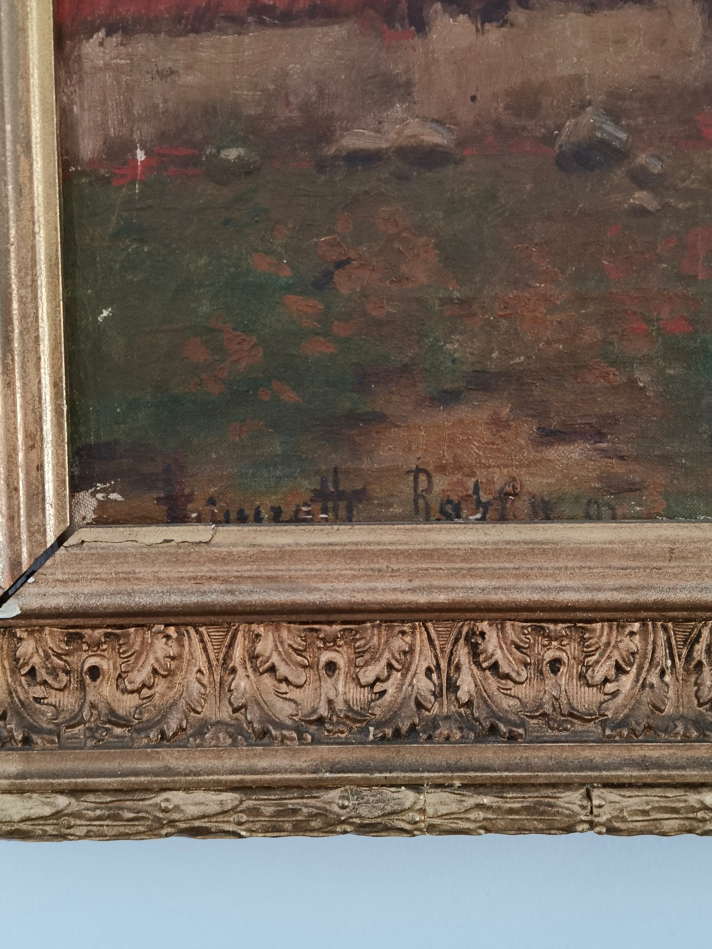 Obraz zabytkowy, pejzaż, kościół, sygnowany, XIX w.