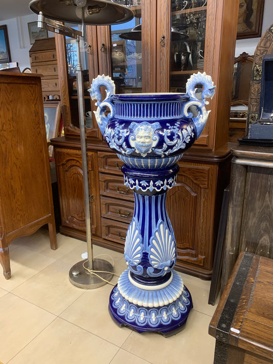 Gerydon z wazą na donicę/ kwiaty, ręczna majolika Francja