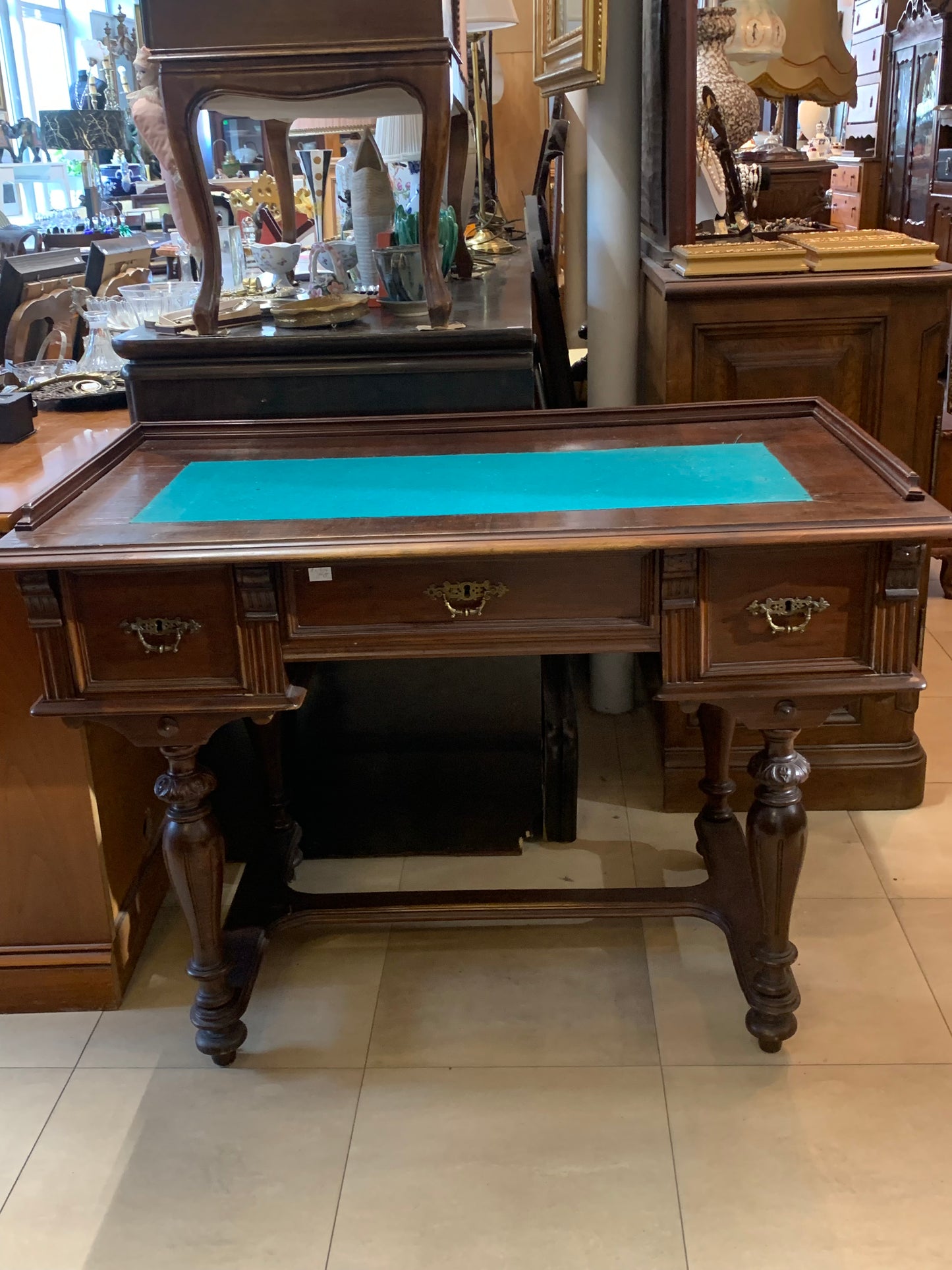 Biurko antyczne, eklektyczne, blat - zielone sukno