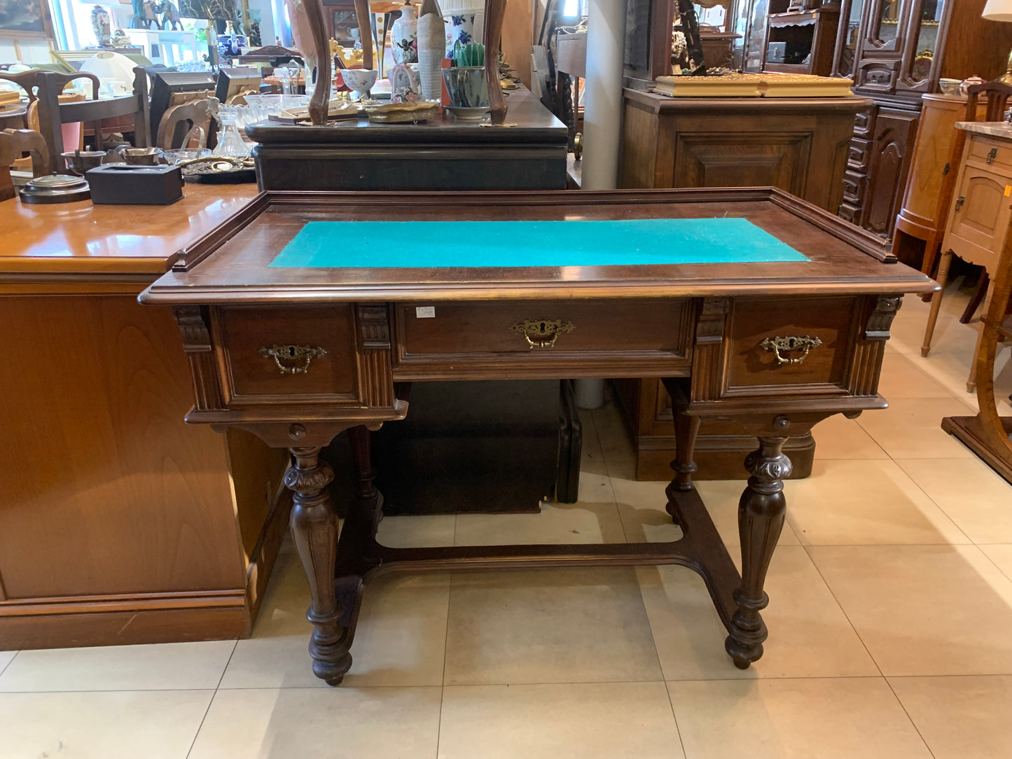 Biurko antyczne, eklektyczne, blat - zielone sukno