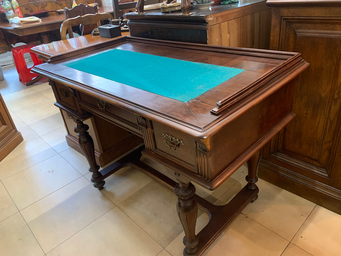 Biurko antyczne, eklektyczne, blat - zielone sukno