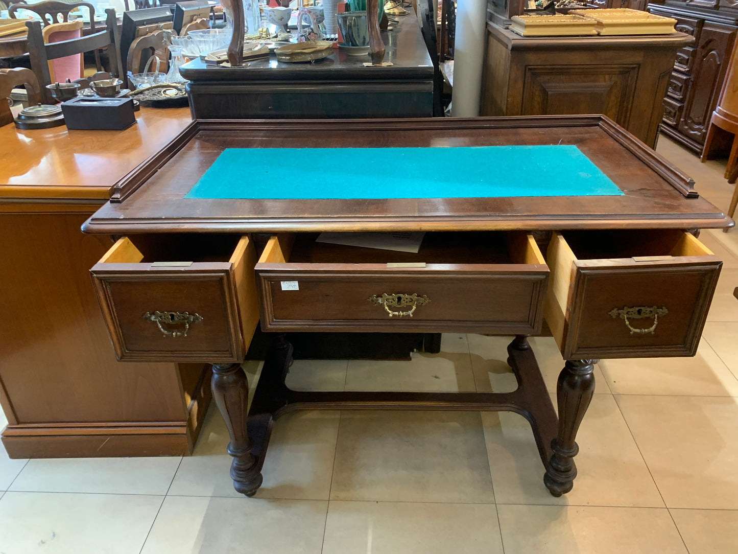 Biurko antyczne, eklektyczne, blat - zielone sukno