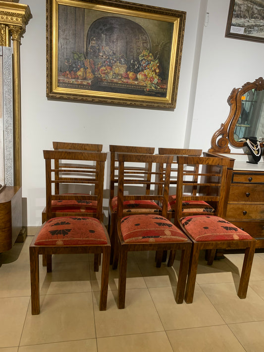 Krzesła art deco orzechowe, tapicerowane lata 30-e, 11 szt.