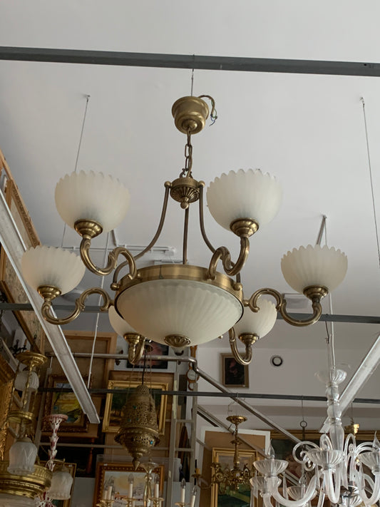 Żyrandol z mosiądzu, szklane klosze, 6-ramienny, Italy