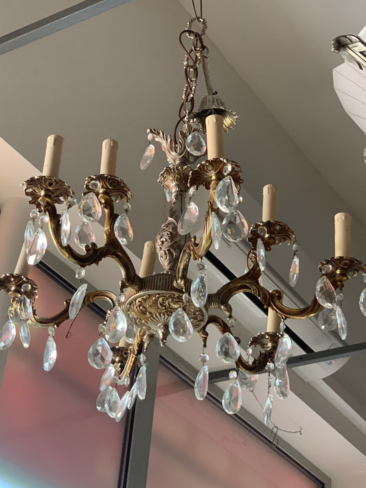 Żyrandol kryształowy, mosiądz niklowany, sześcioramienny