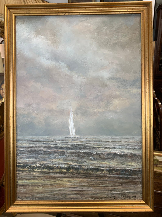 Obraz J. Zgorzałek "Pejzaż morski z jachtem II" 1988 r.