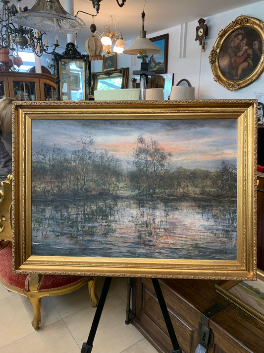 Obraz J. Zgorzałek "O zmierzchu drzewa nad jeziorem" 1988 r.