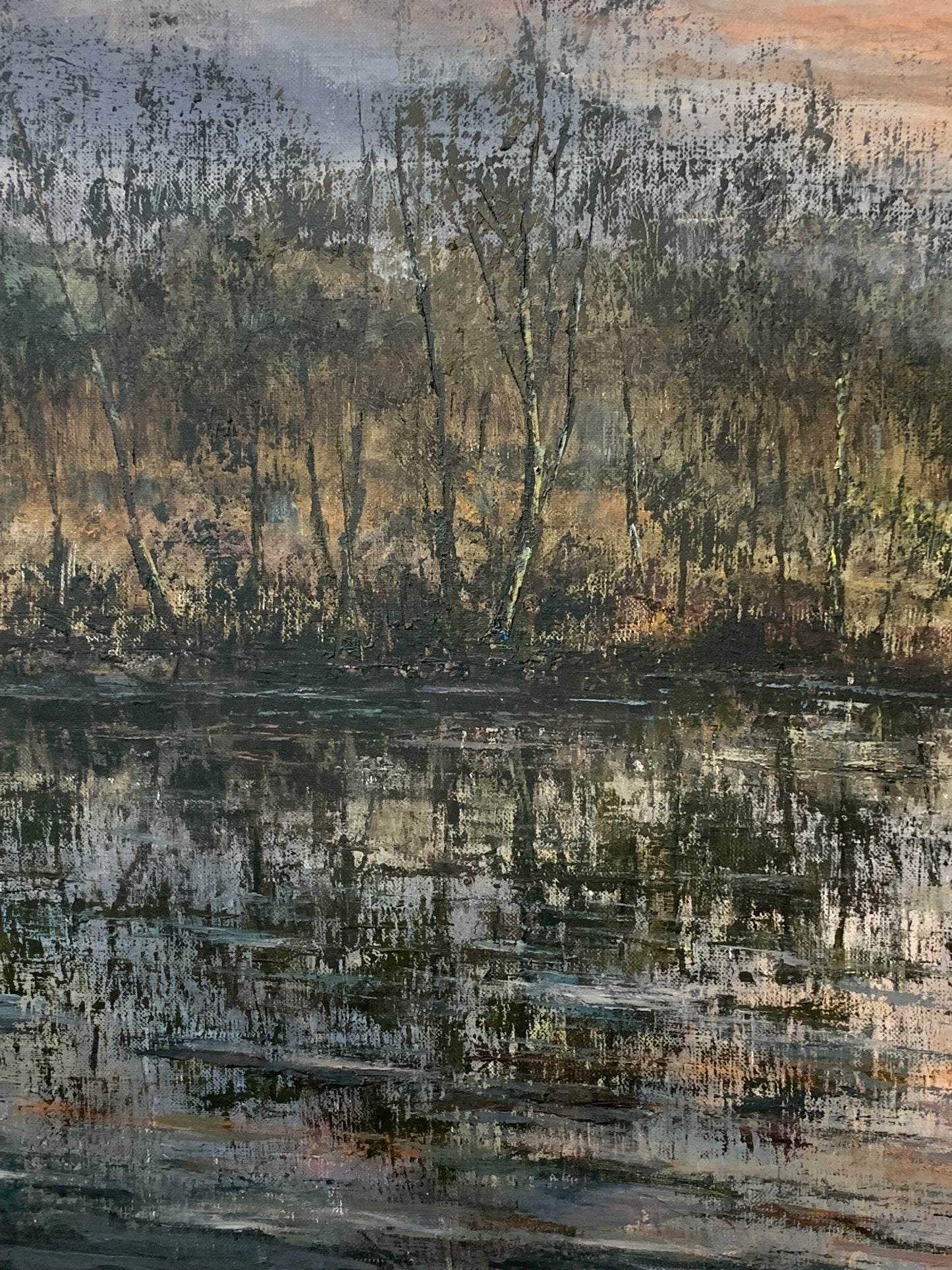 Obraz J. Zgorzałek "O zmierzchu drzewa nad jeziorem" 1988 r.