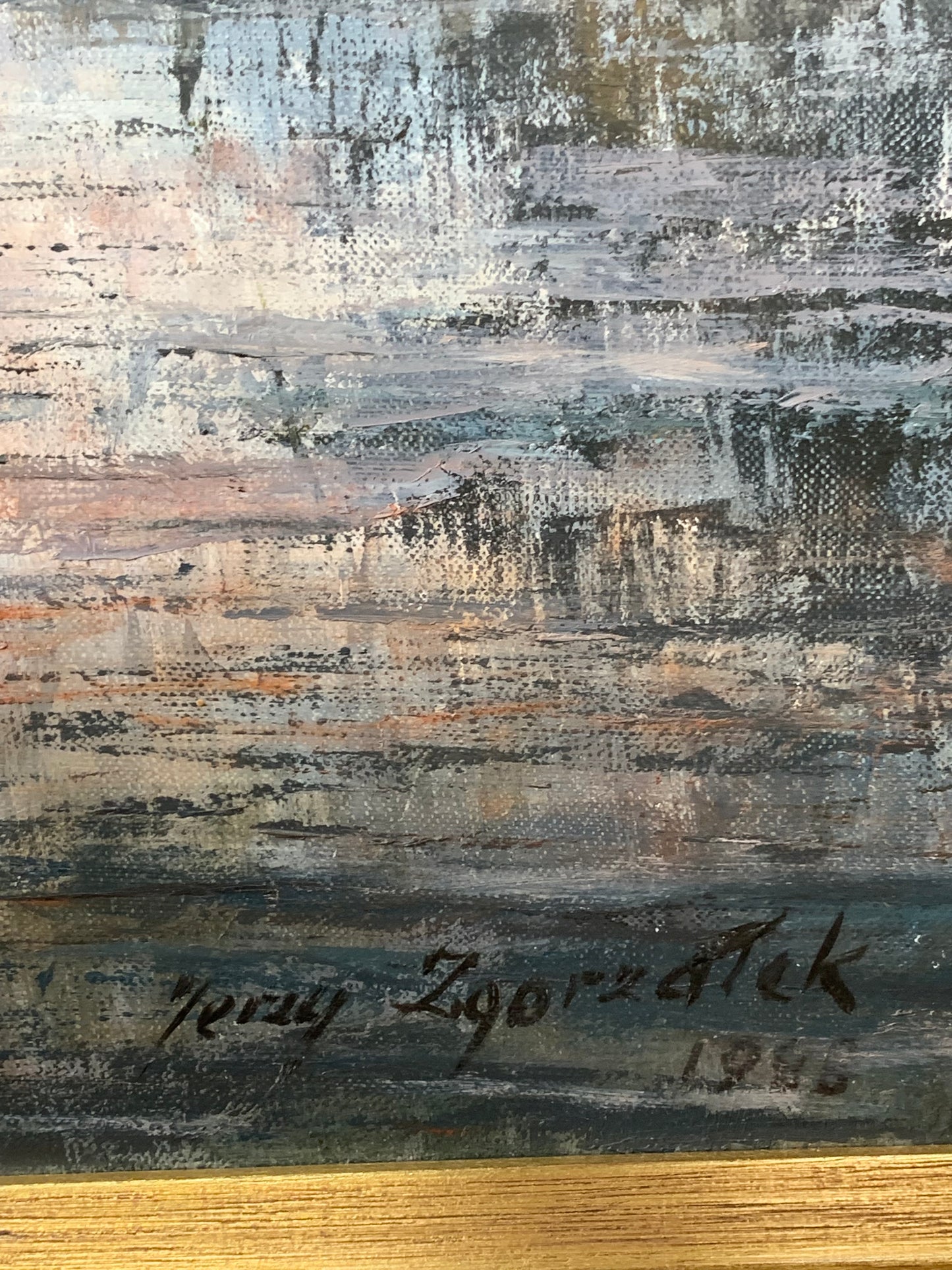 Obraz J. Zgorzałek "O zmierzchu drzewa nad jeziorem" 1988 r.