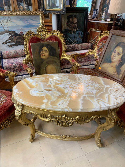 Stylowy stolik owalny, kawowy z kamiennym blatem