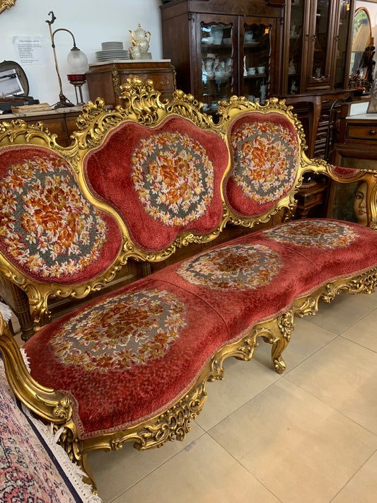 Sofa 3-osobowa barokowa, drewniana, rzeźbiona, złocenia