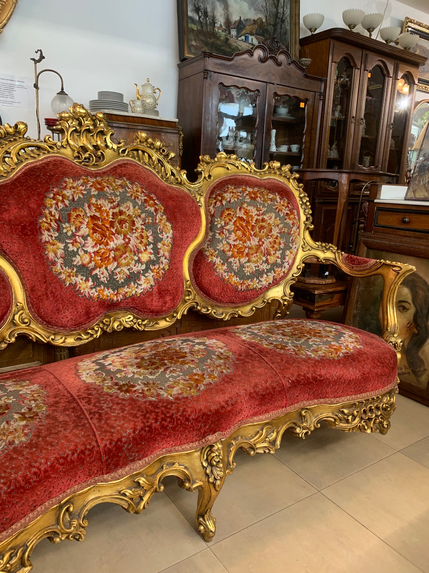 Sofa 3-osobowa barokowa, drewniana, rzeźbiona, złocenia