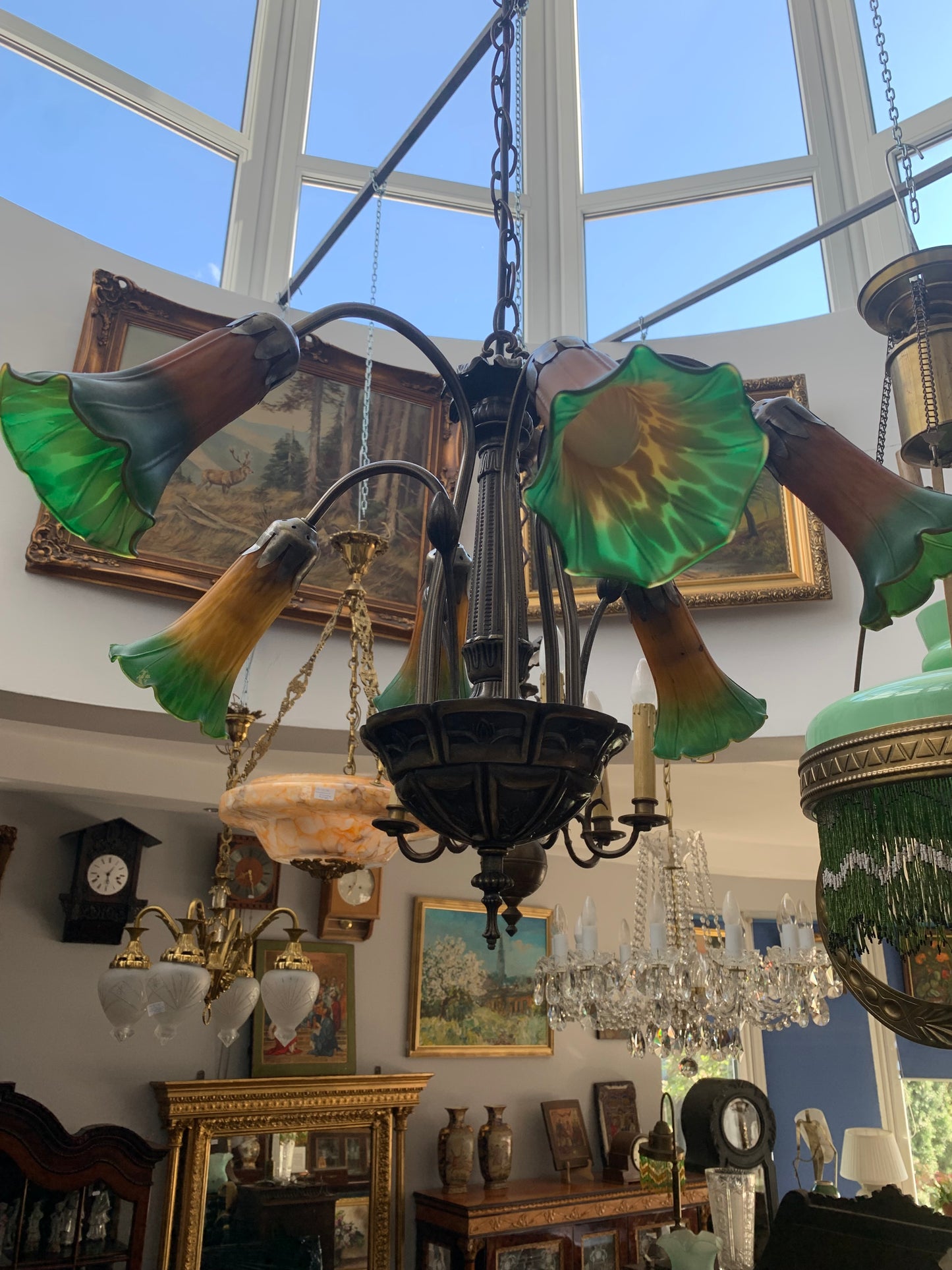Żyrandol w stylu Art Nouveau 5 ramienny ze szklanymi