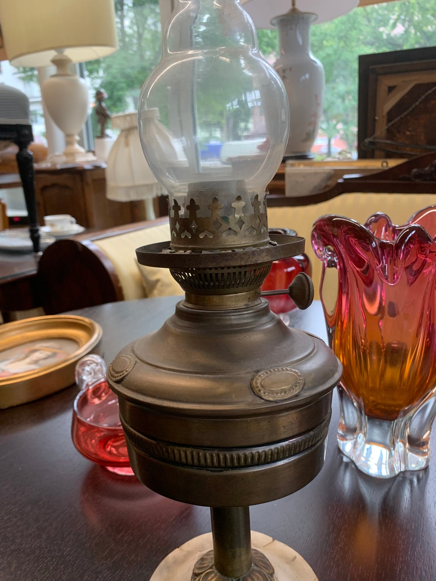 Lampa naftowa, zabytkowa, mosiężna