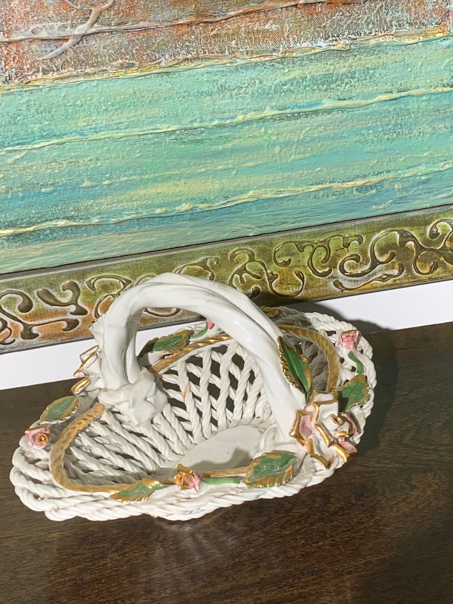 Koszyk ażurowy, porcelanowy, kwiaty, Włochy