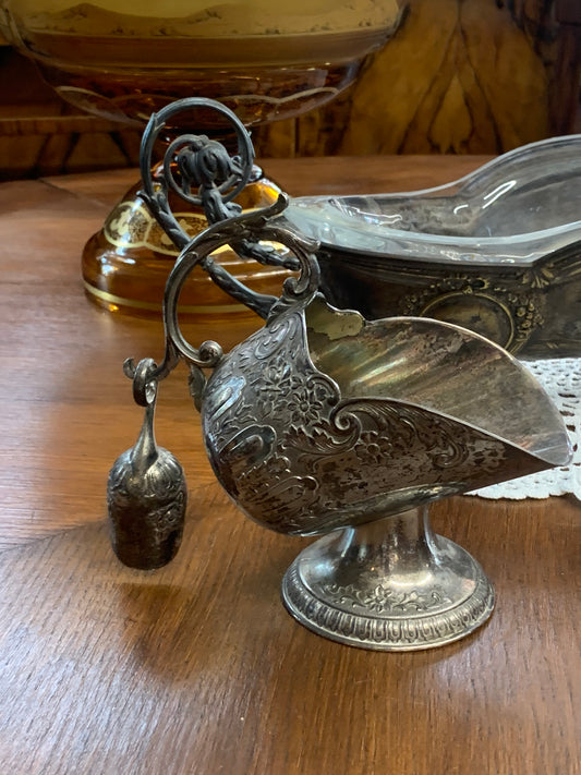 Cukiernica, węglarka secesyjna, posrebrzana z łyżeczką