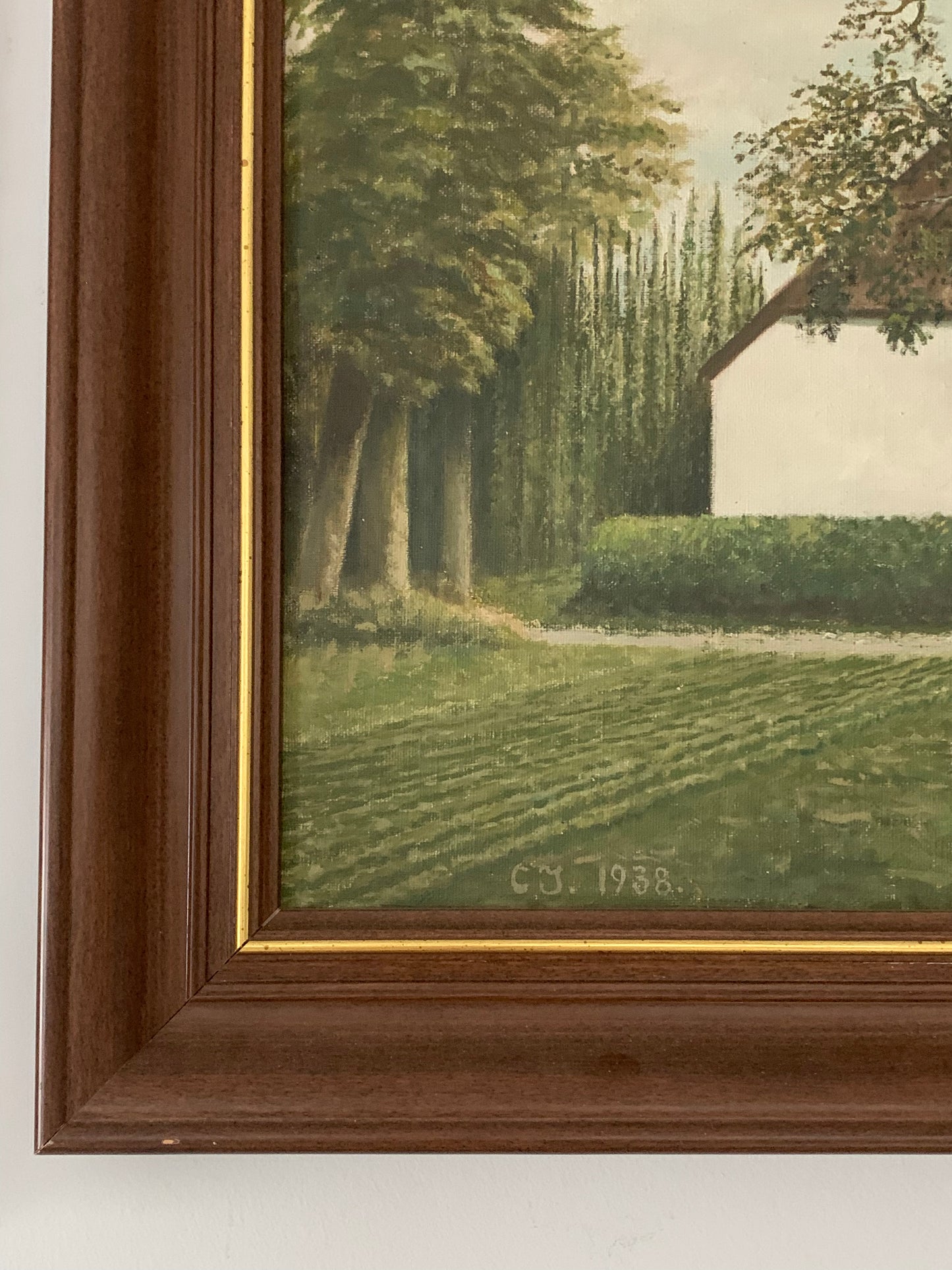 Obraz pejzaż "Wiejski dworek", sygnowany C. J. 1938