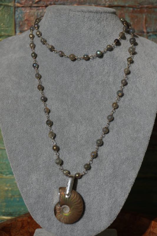 Muszla, labradoryt metalizowany, srebro - długi naszyjnik z wisiorem