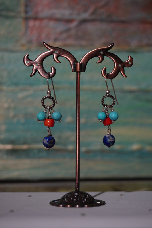 Kolczyki lapis lazuli, koral, turkus, srebro 925