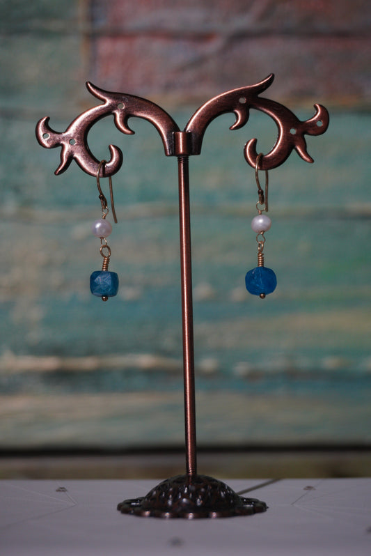 Kolczyki apatyt, perła, srebro pozłacane 925