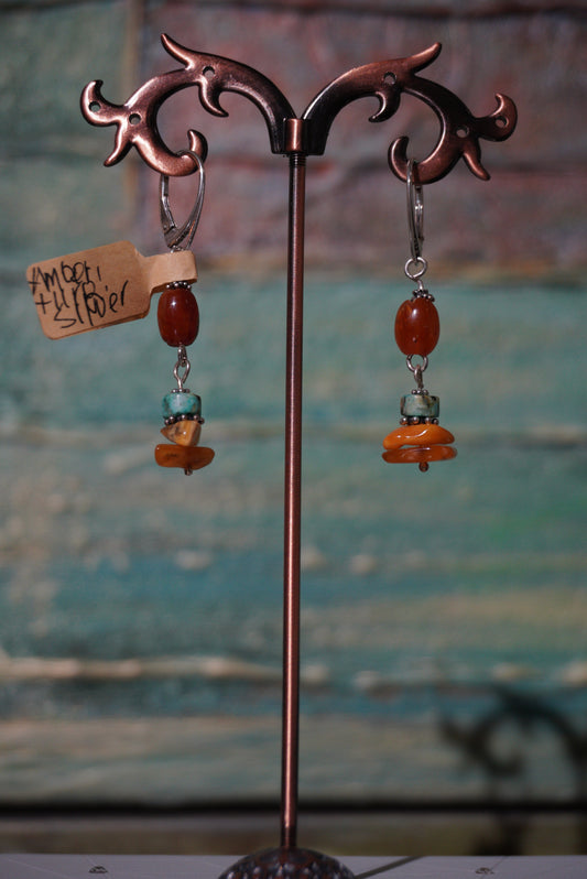 Kolczyki bursztyn, turkus, srebro 925