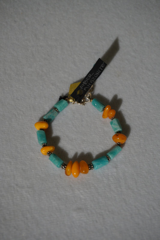 Bransoletka bursztyn, amazonit, srebro 925