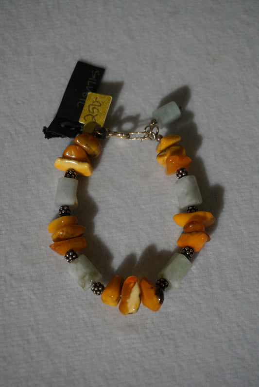 Bransoletka bursztyn, moss agate, srebro 925