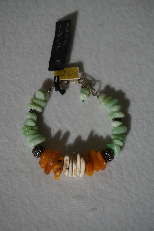 Bransoletka bursztyn, amazonit, howlit, srebro 925