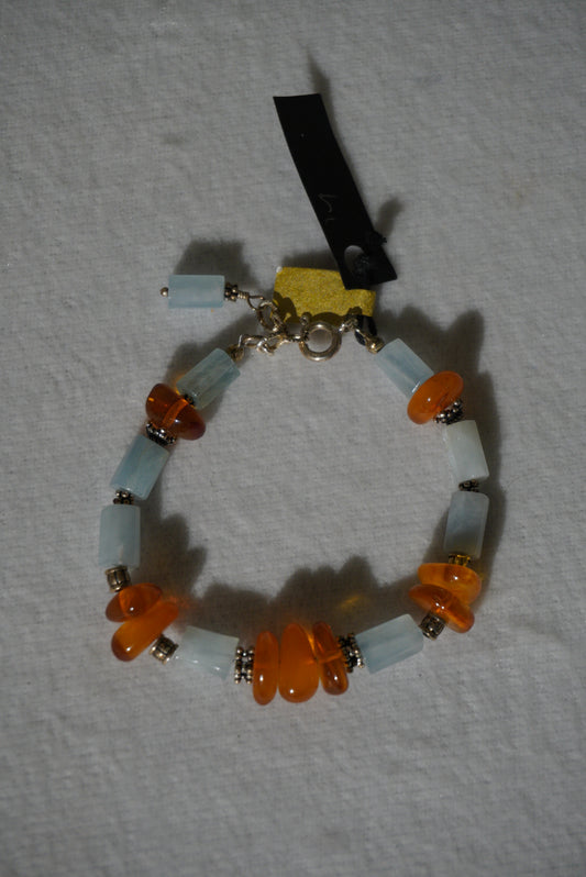 Bransoletka bursztyn, akwamaryn, srebro 925