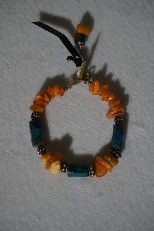 Bransoletka bursztyn, apatyt, chryzokola, srebro 925