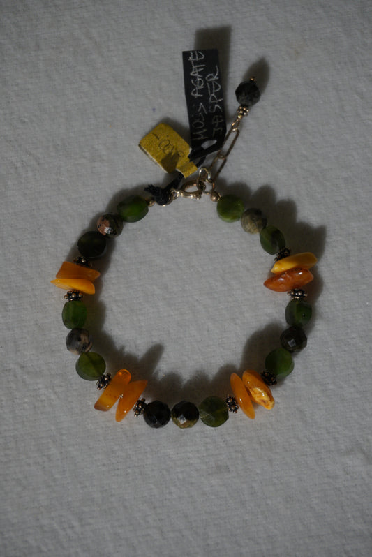 Bransoletka bursztyn, moss agate, jasper, srebro 925