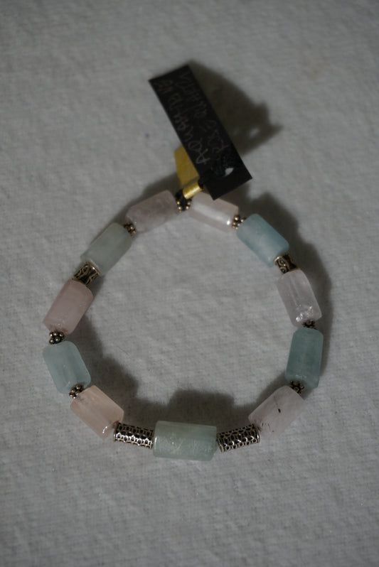 Bransoletka akwamaryn, kwarc różowy, srebro 925