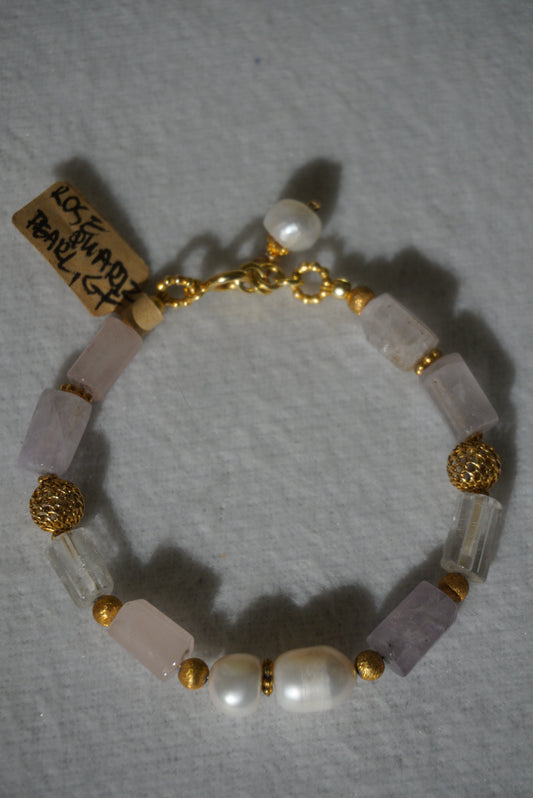 Bransoletka kwarc różowy, perła, srebro pozłacane 925