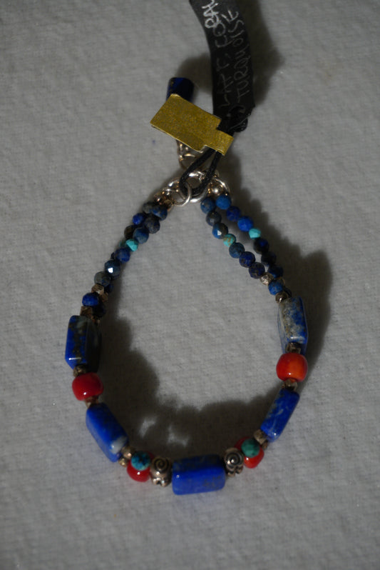 Bransoletka lapis lazuli, turkus, koral, azuryt, srebro 925