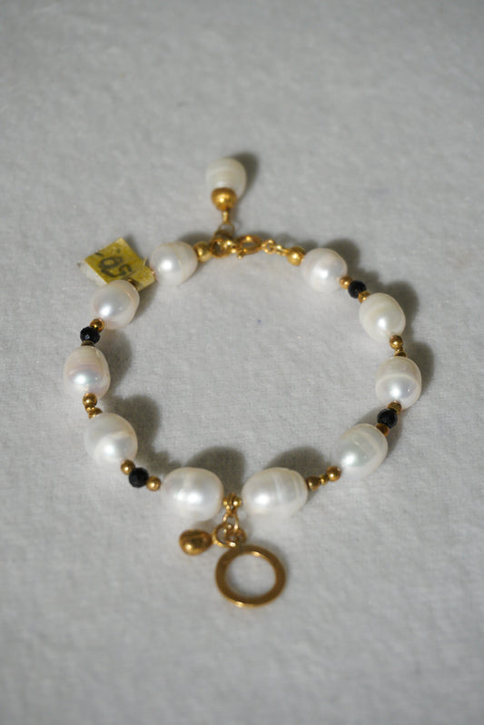 Bransoletka perła, turmalin, srebro pozłacane 925