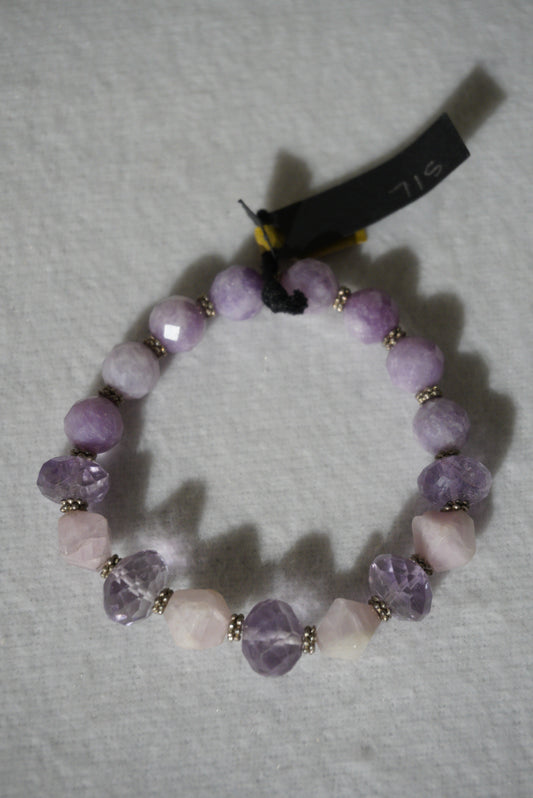 Bransoletka ametyst, kwarc różowy, srebro 925