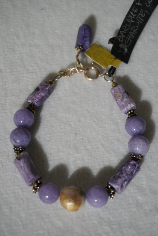 Bransoletka charoite, perła barokowa, jadeit, srebro 925