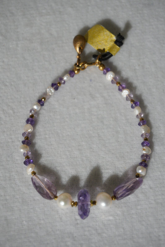 Bransoletka, ametyst, perła srebro pozłacane 925