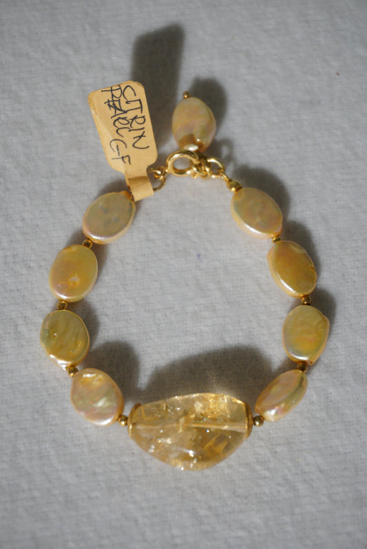 Bransoletka cytryn, perła, srebro pozłacane 925