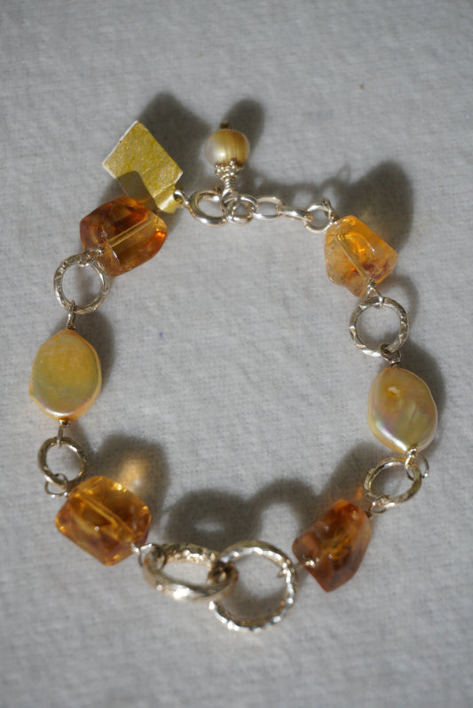 Bransoletka cytryn, perła, srebro 925