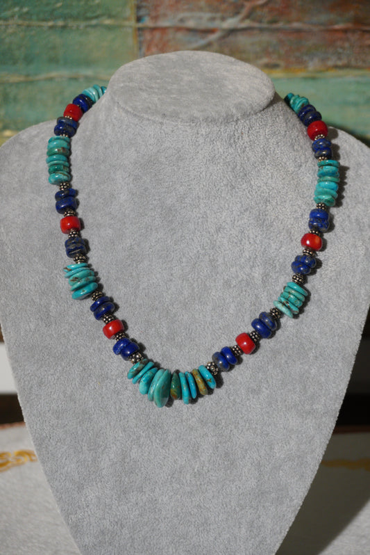 Naszyjnik turkus, lapis lazuli, koral, srebro 925