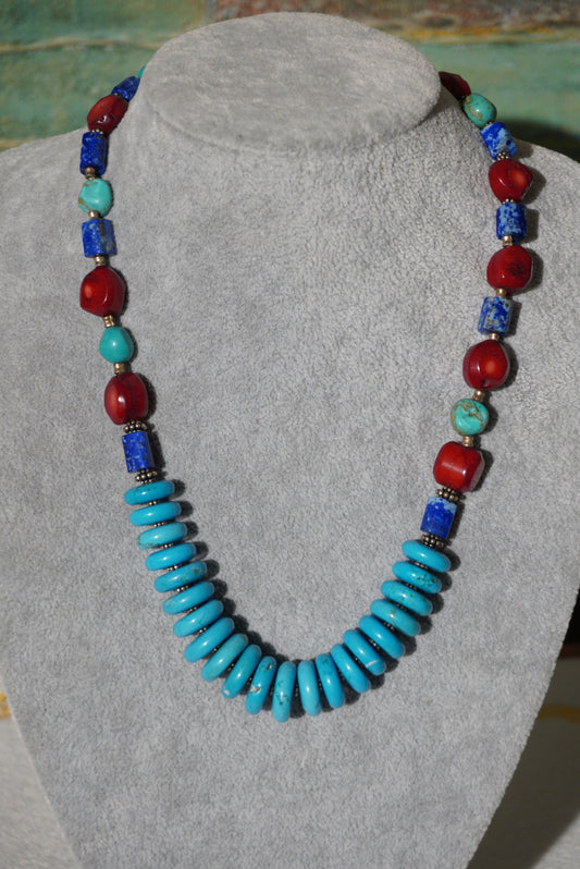Naszyjnik turkus, koral, lapis lazuli, srebro 925
