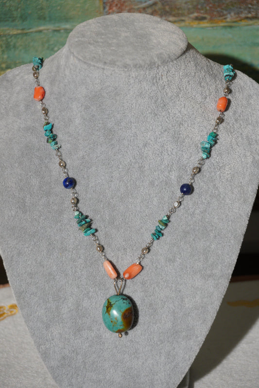 Naszyjnik turkus, koral, lapis lazuli, srebro 925