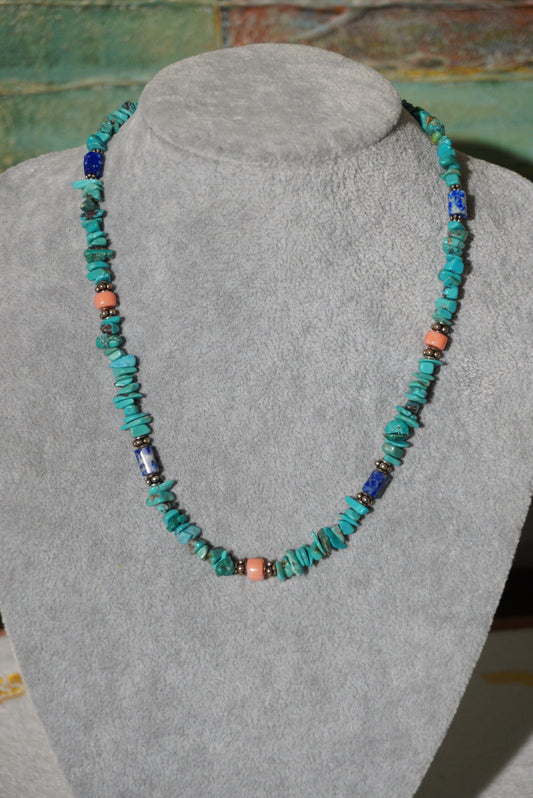 Naszyjnik turkus, koral, lapis lazuli, srebro 925