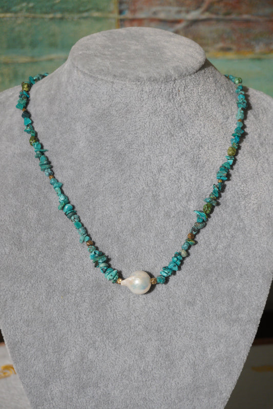 Naszyjnik turkus, perła, srebro pozłacane 925
