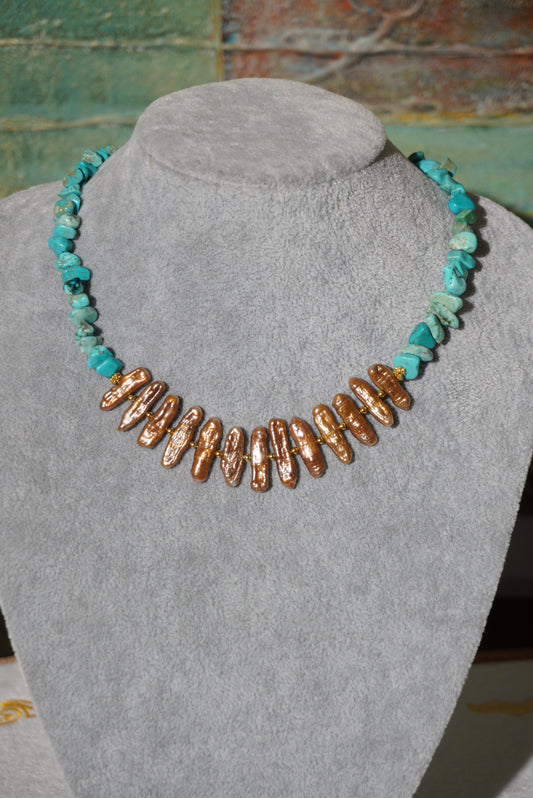 Naszyjnik turkus, perła, srebro pozłacane 925