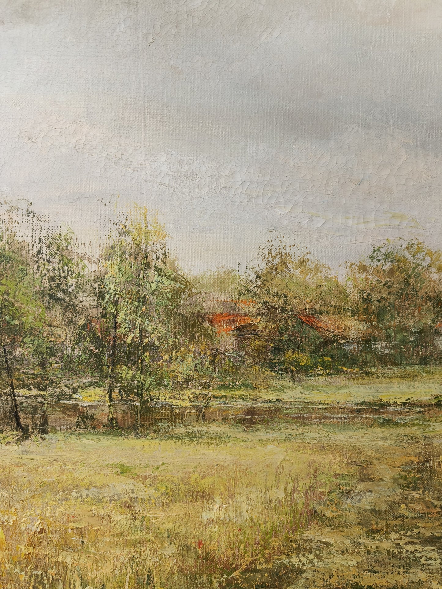 Obraz J. Zgorzałek "Wiejski pejzaż ze stogami i wiatrakiem" 1988 r.