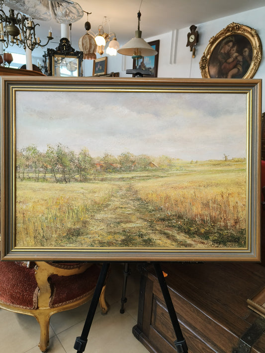 Obraz J. Zgorzałek "Wiejski pejzaż ze stogami i wiatrakiem" 1988 r.